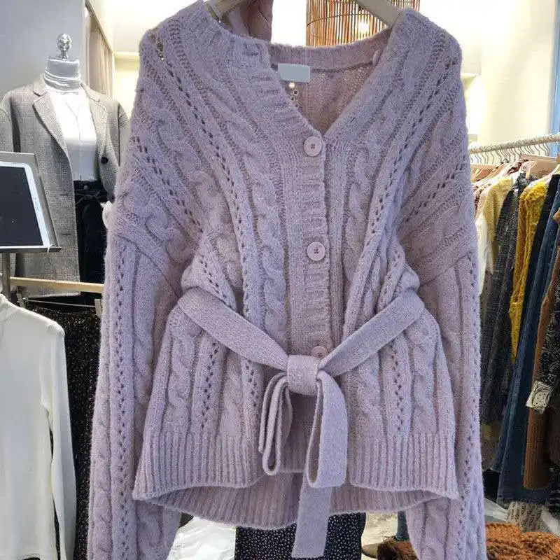 

Vintage Twisted Knitted Women Sweater Cardigan Winter 2021 Solid V-Neck Belt Thicken Warm Female Outwear Coats Tops