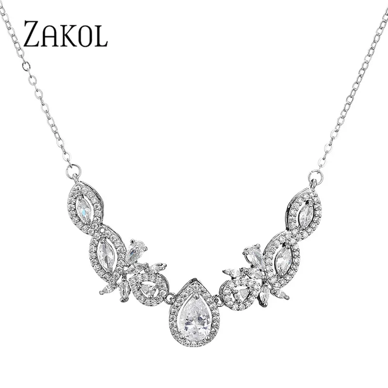 ZAKOL роскошные изысканные капли воды кубический циркон лист цепи колье для женщин