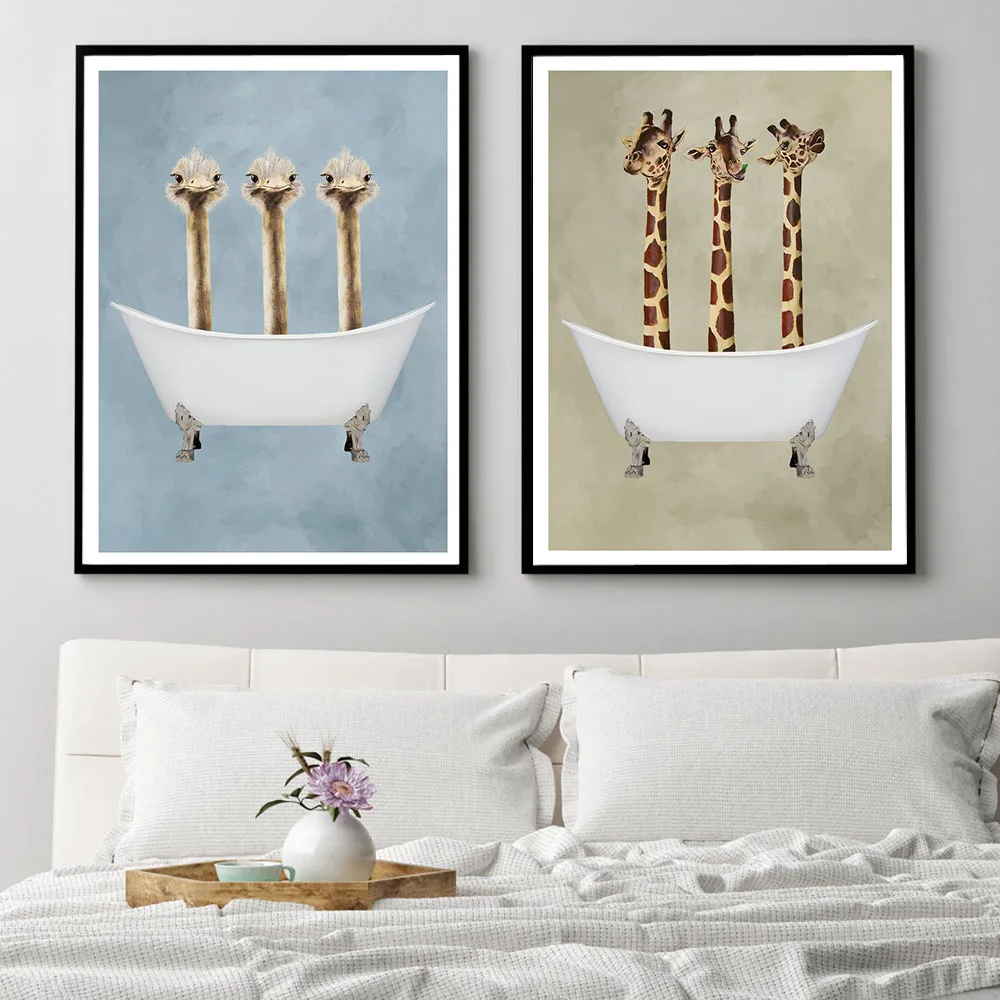 Плакат с изображением животных в ванне рисунок жирафа и страуса холст для ванной
