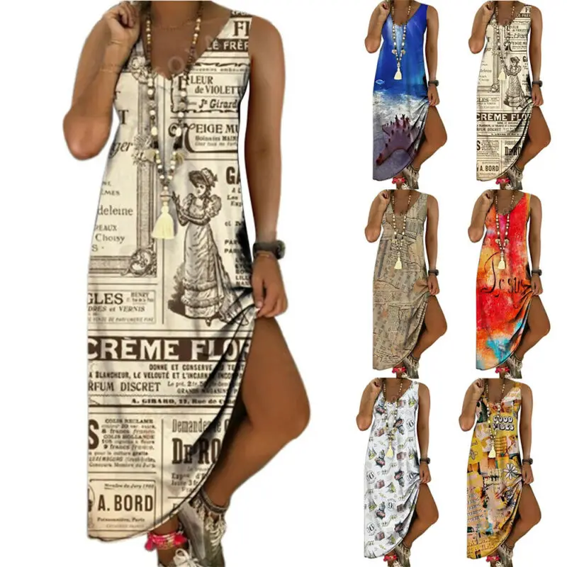 

VICABO Women Dress 2021 Printed Casual Loose Fit V-Neck Side Slit Female Dress Sundress Summer Lesuire Woman Dress