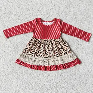 Autumn Winter Girl's Skirts Polka Dot Red Long-sleeved Leopard Print Lace Dress Kids Clothing Set