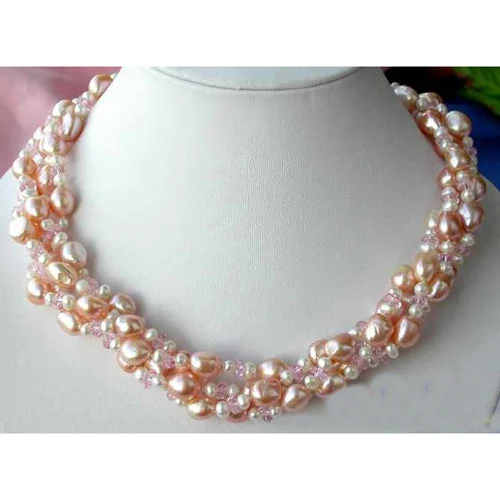 

Unique Pearls jewellery Store 4row Pink Baroque Freshwater Pearl Crystal Necklace Fine Jewelry Charming Women Gift