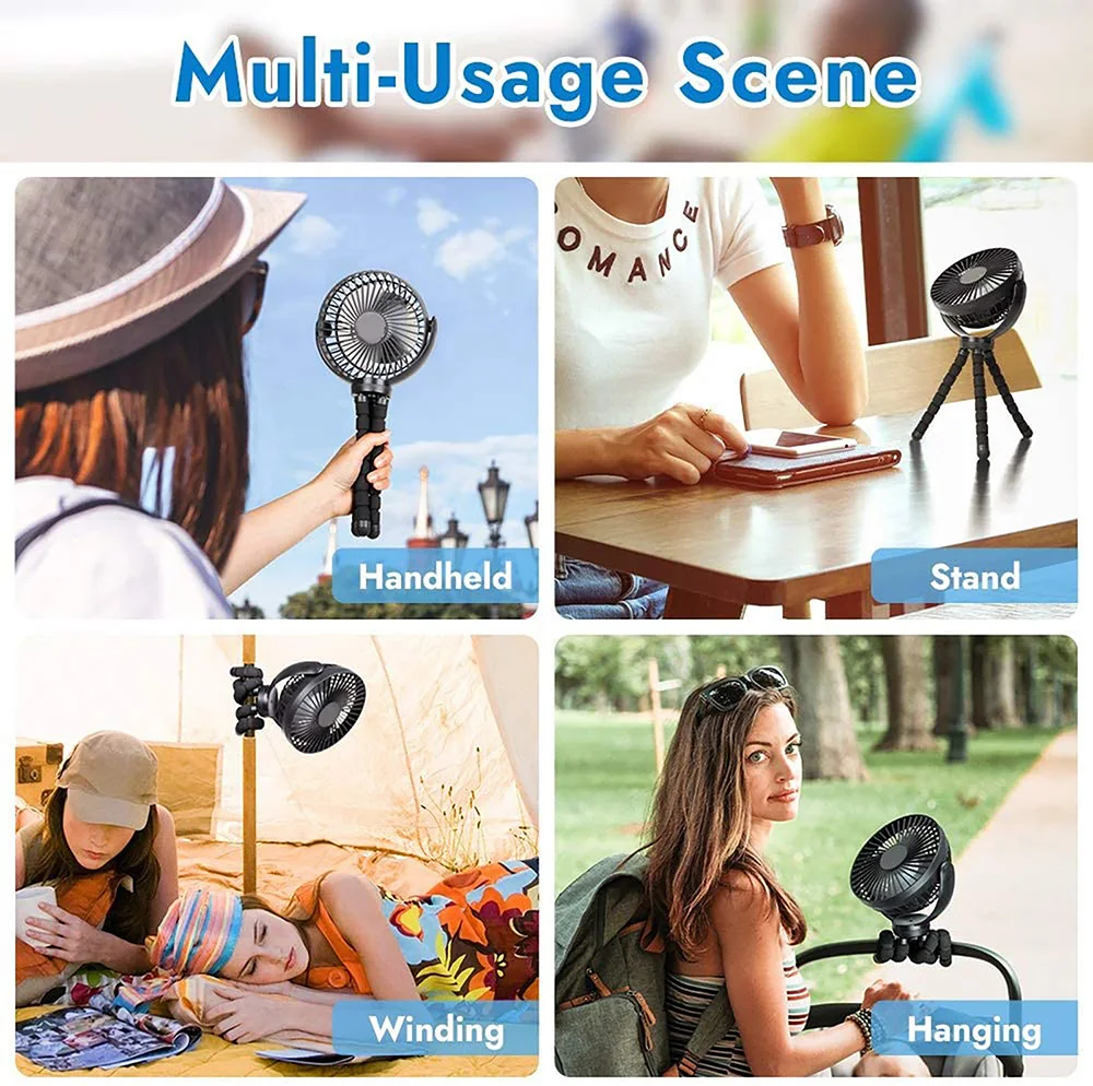 

USB Fan Mini Handheld 5000mAh Battery Powered Clip on Personal Portable Desk 3 Speeds Flexible Tripod for Baby Stroller Car Bed