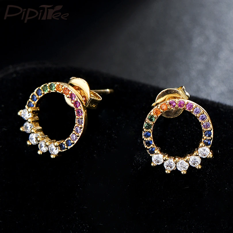 Женские серьги-гвоздики Pipitree простые круглые серьги с фианитами золотого цвета