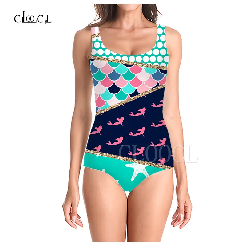 Цельный купальник с 3D принтом в виде рыбьей чешуи женский слитный без рукавов для