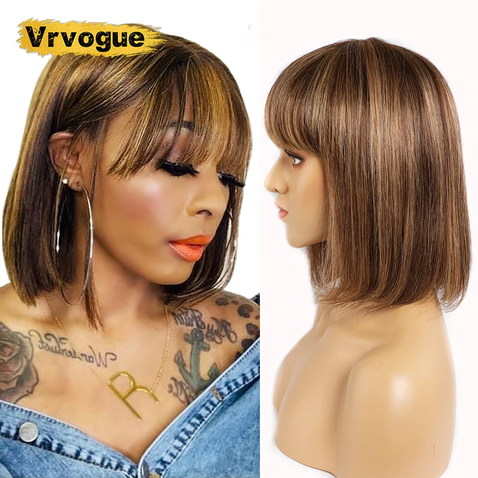 

Bone Straight Bob Wigs with Bangs 4/27 Highlight Wigs Human Hair Omber Highlight Brown Bob Human Hair Wigs for Women MachineMade