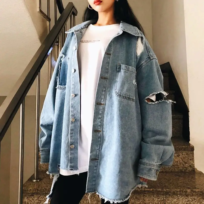 Женские рваные джинсовые куртки и пальто модная Свободная джинсовая куртка