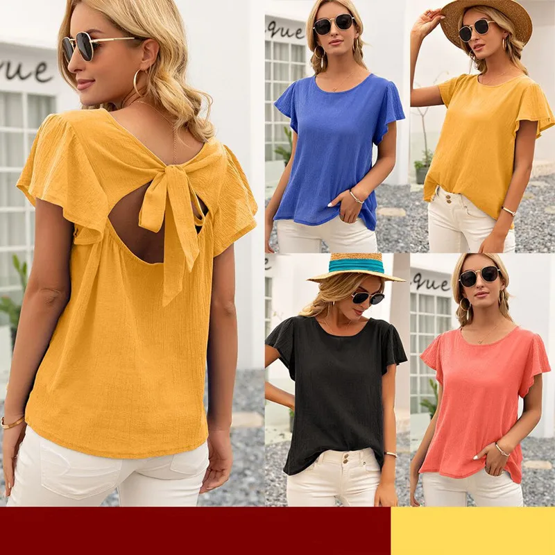 

Leosoxs 2021 Summer Fashion Sexy O Neck Bandage Hollow Out Women's T Shirt Casual Loose Ladies Lotus Leaf Short Sleeve T Shirts