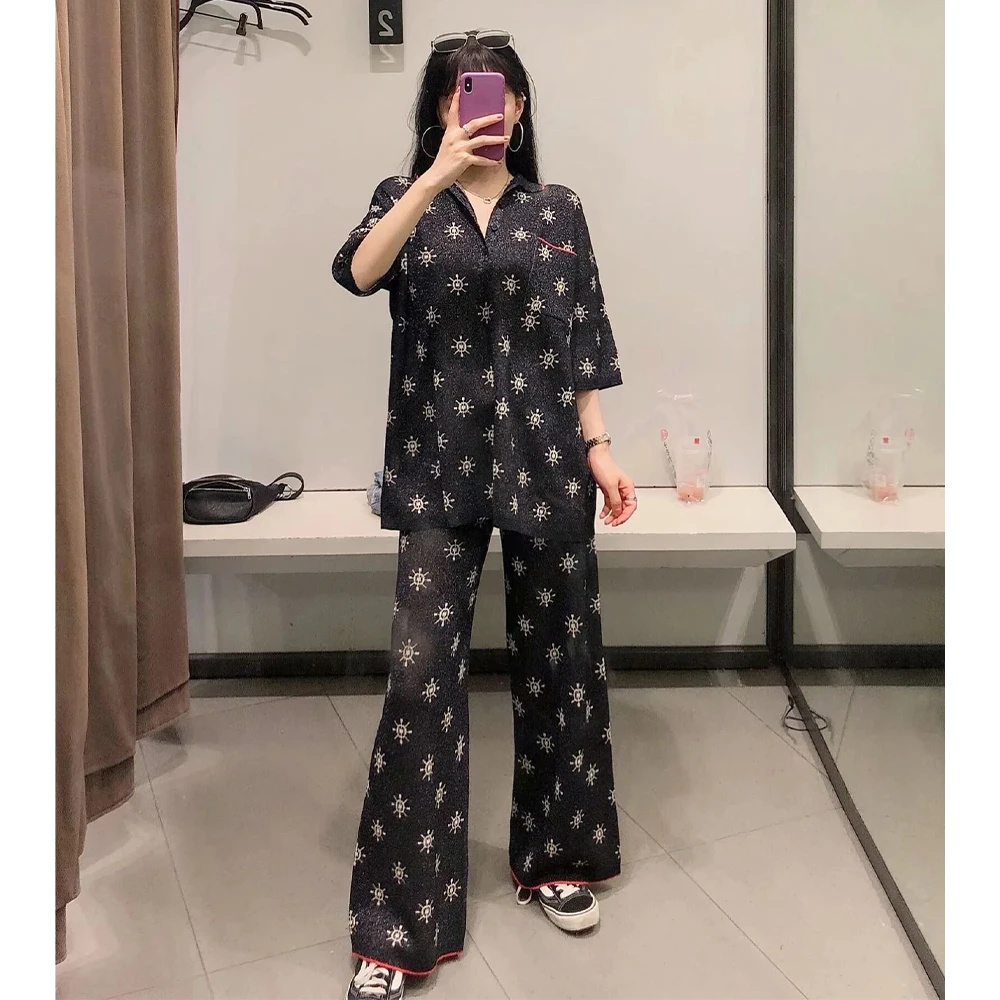 

new summer suits women two piece set printed short sleeves knitted top & trousers high-waist elastic waistband ensemble femme