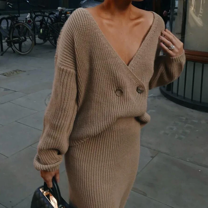 

Deep V-neck Sweater Dress Suit Blue Pink Fashion Knitted Dress Elegant Autumn Spring Two Piece Dress Set Club Party Wear