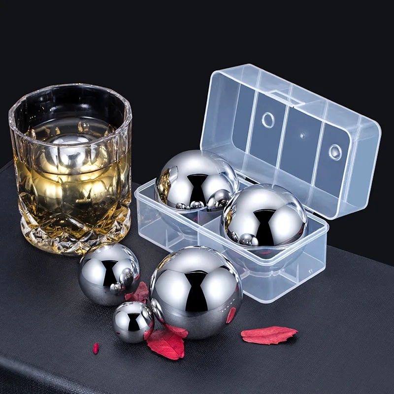 

2pcs/box 304 Stainless Steel Round Ice Cubes Whiskey Cooling Stone Quick-frozen Metal Particles Ice Cube Box Wine Set Ice Tartar