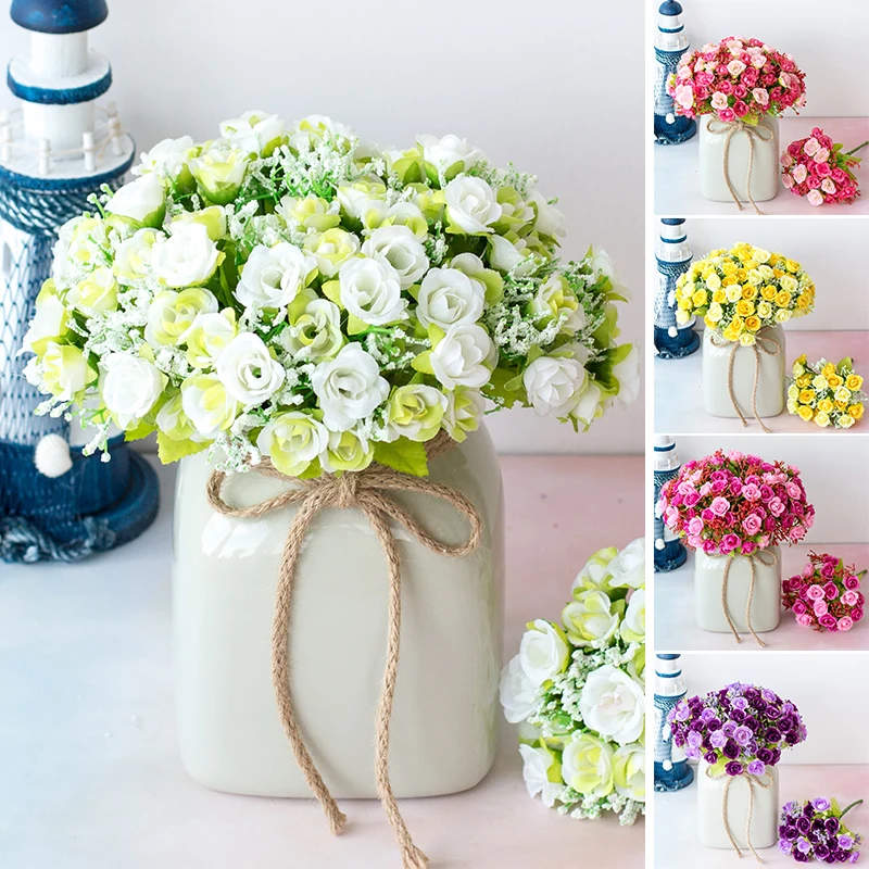 

Artificial Bouquet 21 Diamond Rose 7 Branches Fake Flowers Silk Bouquet For Wedding Room Home Decoration DIY Faux Rose