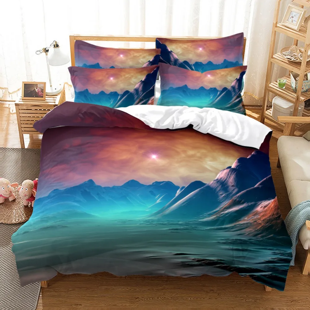 

Natural Scenery 3D Print Comforter Bedding Set Mountain Setting Sun Sky Queen Twin Single Duvet Cover Set Pillowcase Home Luxury