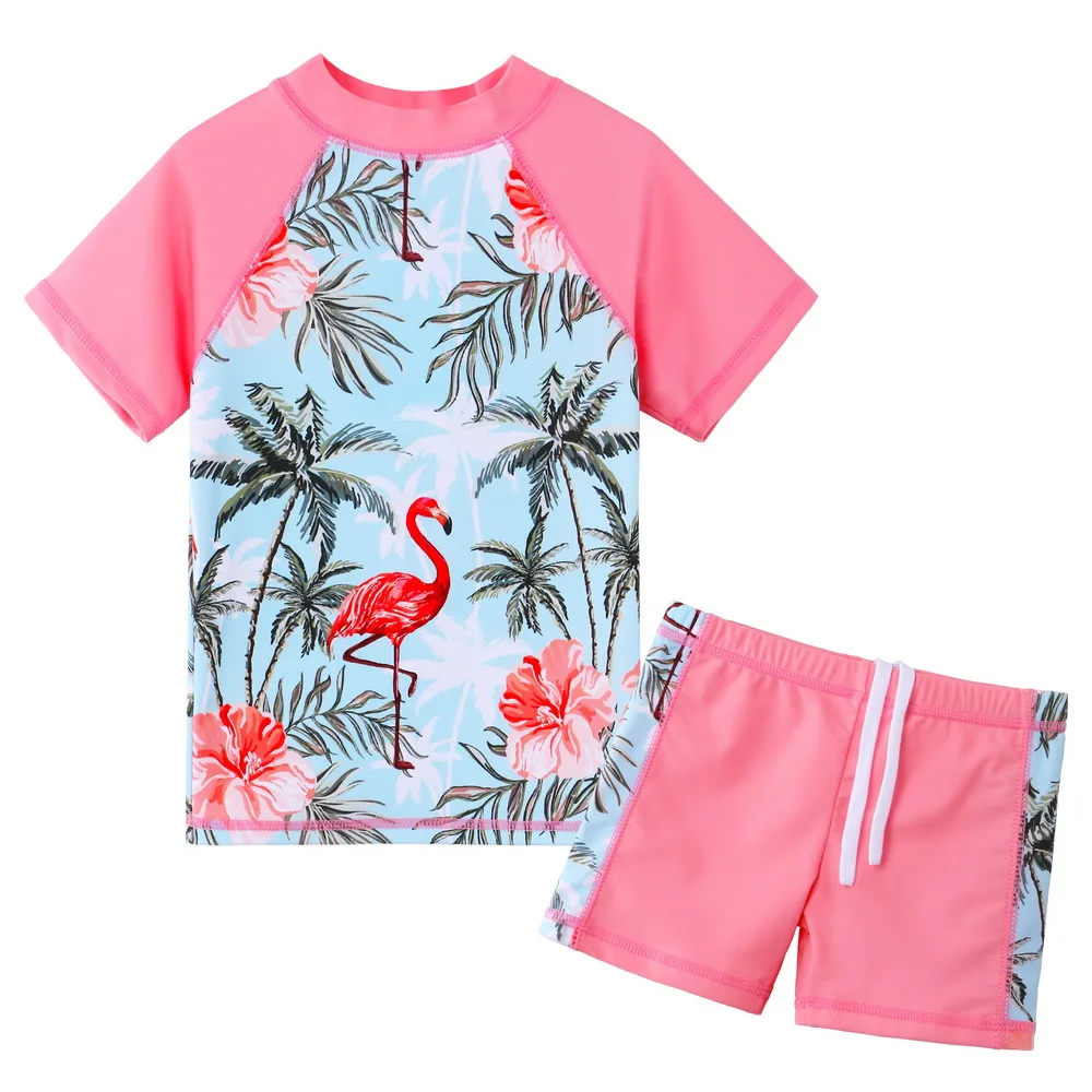 BAOHULU Girls Two Pieces Set Short Sleeve Rash Guards Swimsuits UPF 50+ UV Protective Swimwear Summer Beach Bathing Suit Costume