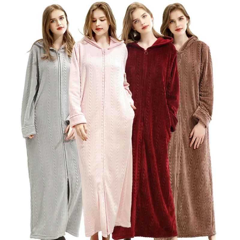 

Flannel Bath Robe Wheat Stripe Unisex Hooded Bathrobe Winter Thicken Plus Size Lovers Couples Night Gown Men Zipper Nightgown
