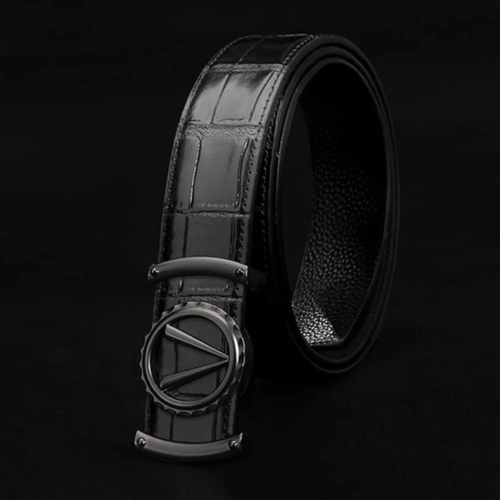 Black BlackBuckle FAJARINA, уникальный дизайн, буквы, гладкая пряжка, мужские ремни, высокое качество, крокодиловый узор, настоящая коровья кожа, кожаный ремень 3,3 см LUFJ819 - Цвет: Black BlackBuckle