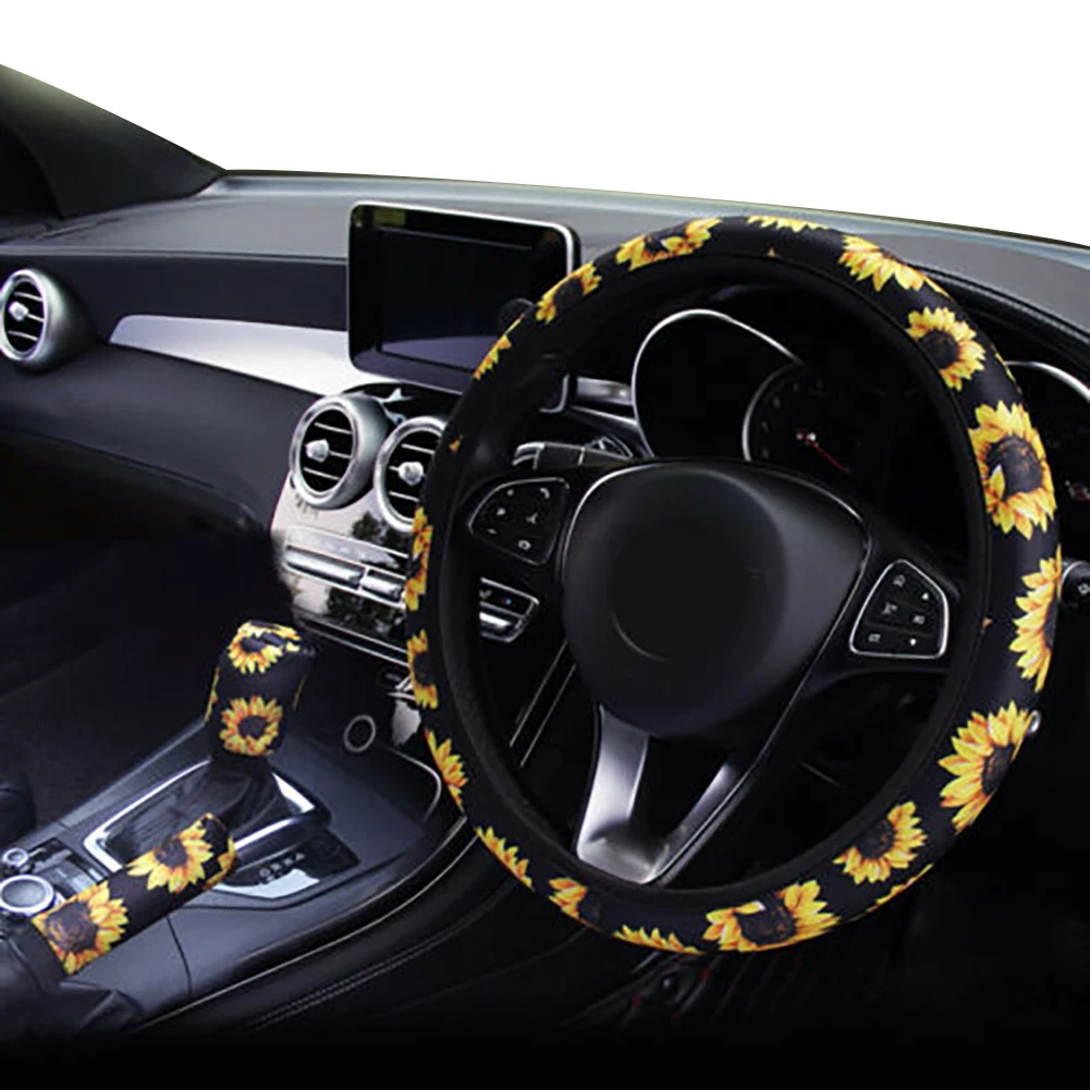 

3Pcs Steering Wheel Cover Sunflower Print Parts Accessories Car Interior