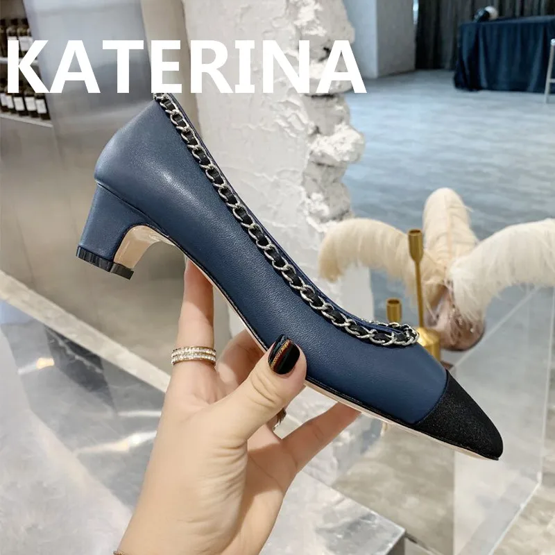 

Brand Designer Pointed Toe Ballet Flats Real Leather Comfy Slip on Loafers Woman Mixed Colors Chain Decor All Match Office Lady