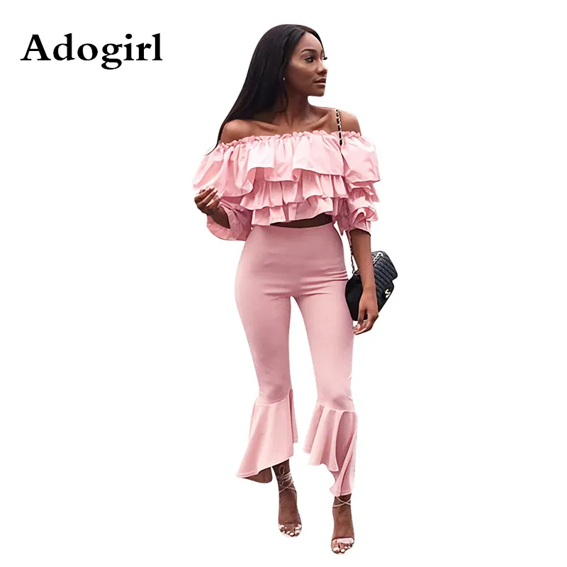 

Adogirl розовые цветные фотообои с открытыми плечами каскадные оборки блузки рубашка расклешенные брюки женский комплект 2 шт. XXL винтажный спо...