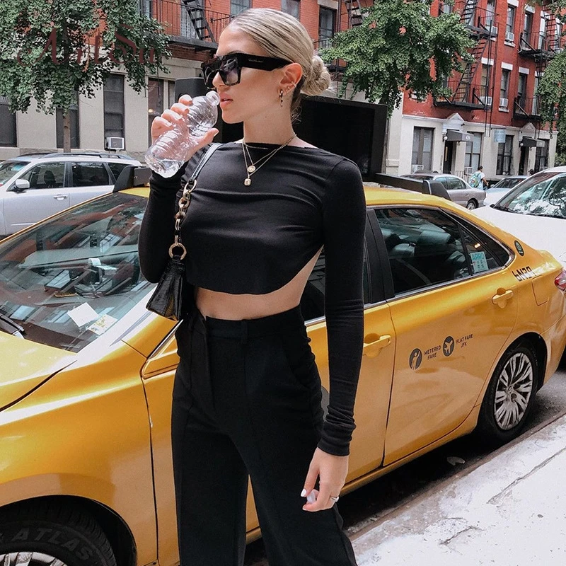 Artsu сексуальный черный укороченный Топ с длинным рукавом открытой спиной