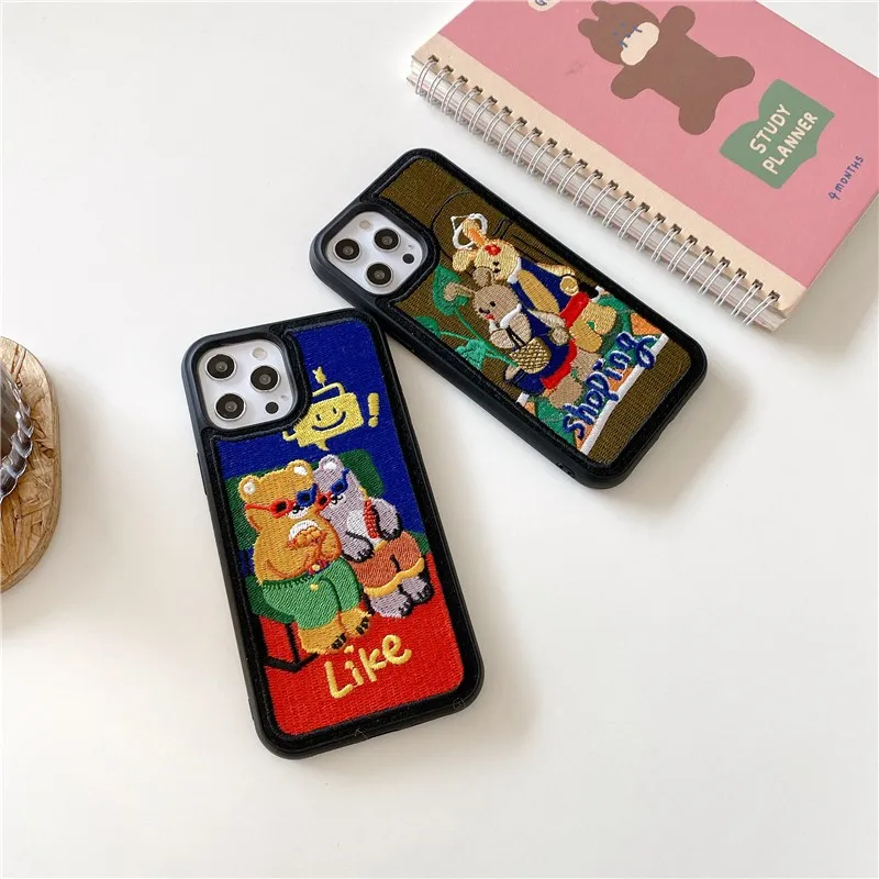 

Cute Korean Embroidery Cartoons Bear Girl Case For Iphone 14 13 11 12 Pro Max Mini 7 8 Plus Xr X Xs Max Se 2 Phone Cover Fundas