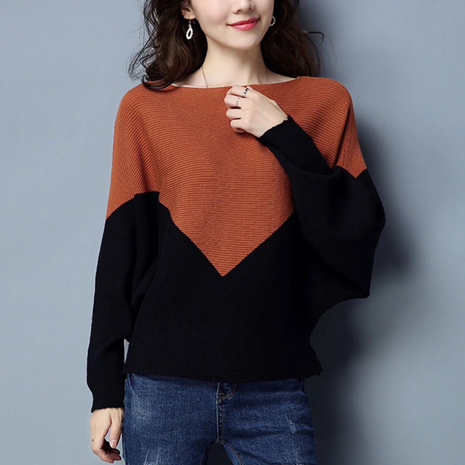 

Women's Autumn Fashion Sweater One-neck Bat-sleeved Long-sleeved Sweater Plus Size Knitted Pullover Woman clothes*58