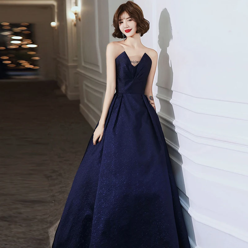 

New Simple Strapless Evening Dress Elegant Sequins Floor-Length Empire Sleeveless A-Line Lace Up Woman Formal Party Gowns A900