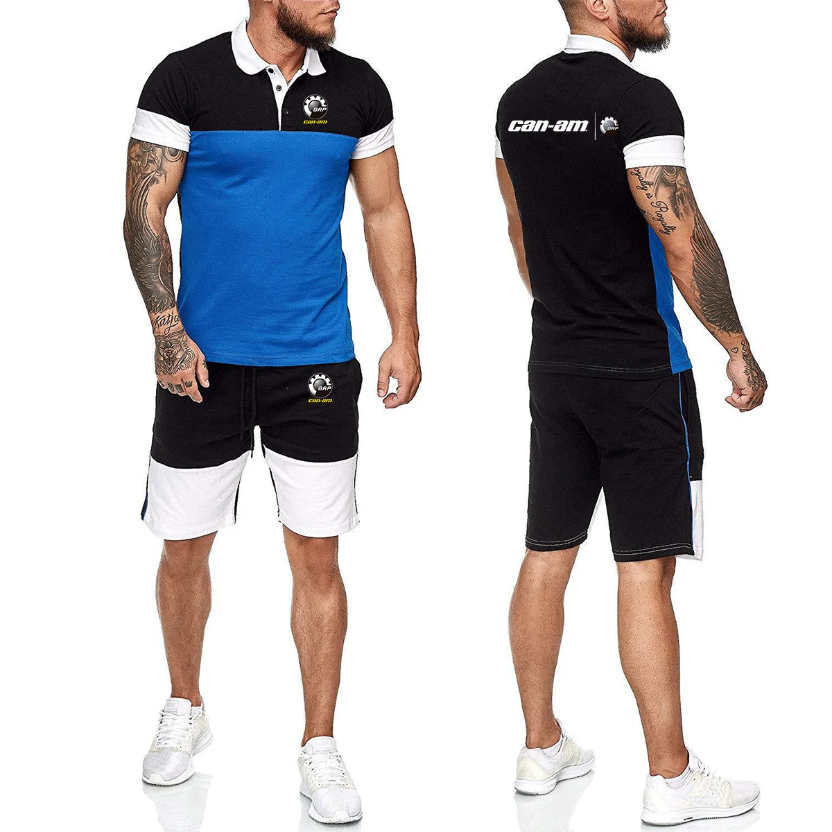 

2021 New Summer Men's BRP Can-Am Logo Patchwork Lapel Polo Shirt + Shorts 2 Pieces Sets Casual Sports Suit