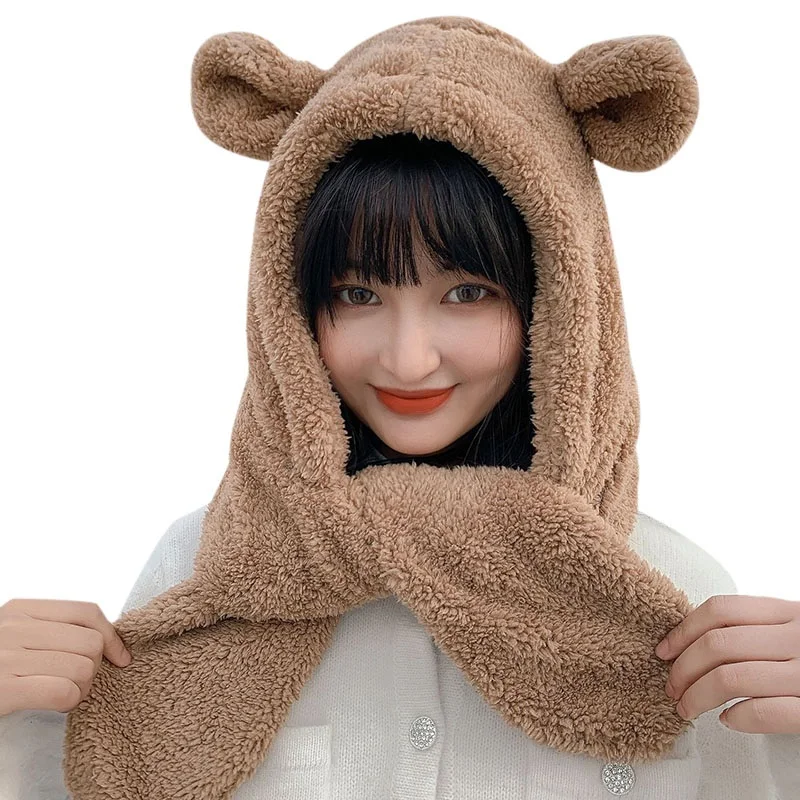 

Cute Fashion Winter Women Novelty Beanies Caps Warm Bear Ear Hat Casual Plush Hat Scarf Set Casual Solid Women Caps Present