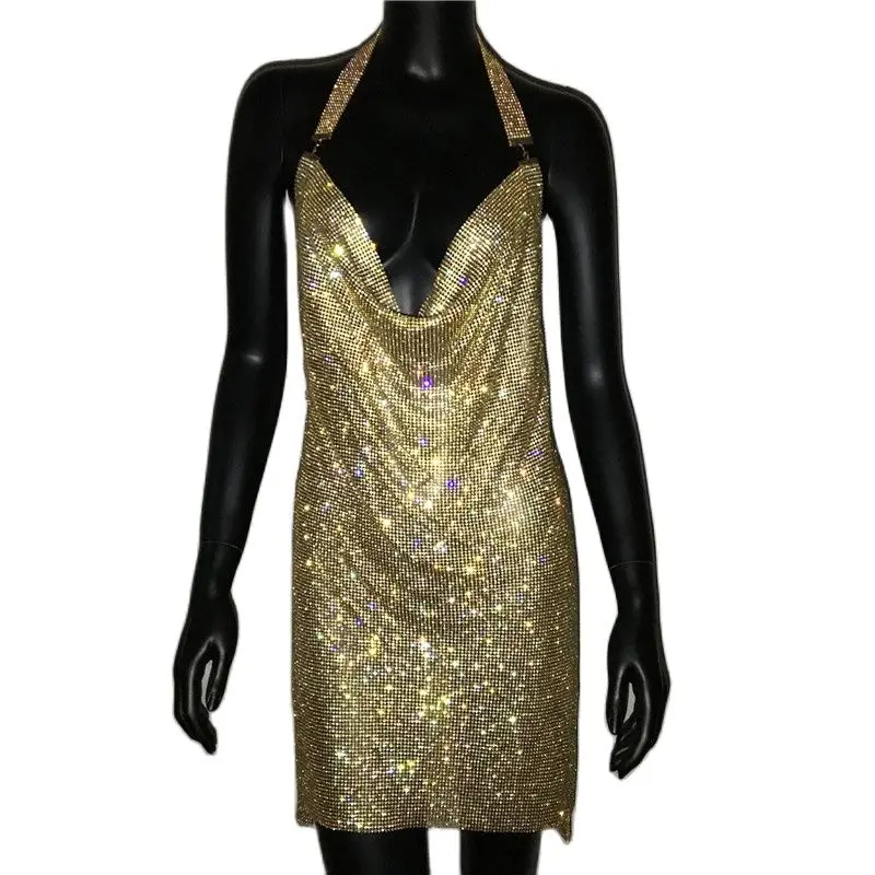 Sexy Crystal Rhinestone Drape Backless Dress 2022 NEW Mesh Sequin Bodycon Club Halter 2 Slits Evening Party Christmas Mini | Женская