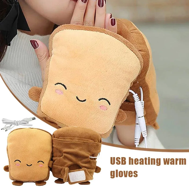 

USB Warmer Heated Gloves Cute Hand Warmers Gloves Fingerless Cute Toast Shape New Year Christmas Gift Winter Gloves