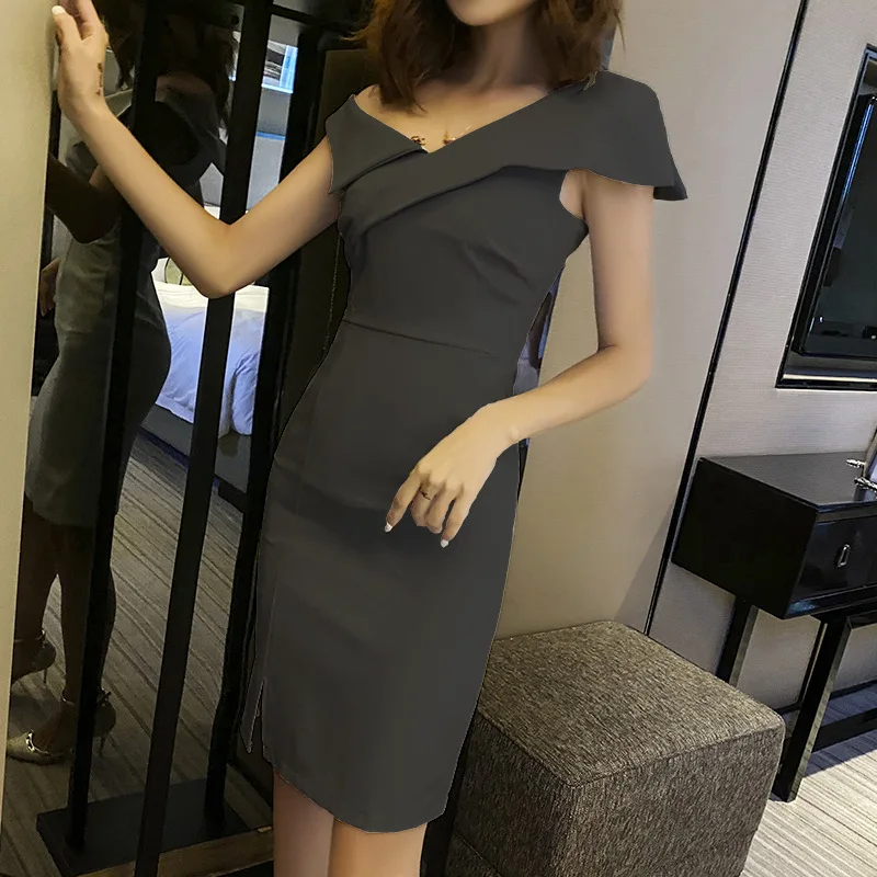 2020 Сексуальная v-образным вырезом Тонкий темперамент Сумка бедра Сплит платье