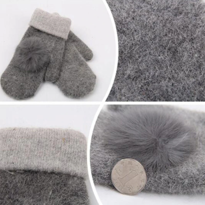 

Double-layer Rabbit Fur Pompom wool gloves female winter Korean version of solid all fingers winter women gloves girls mittens