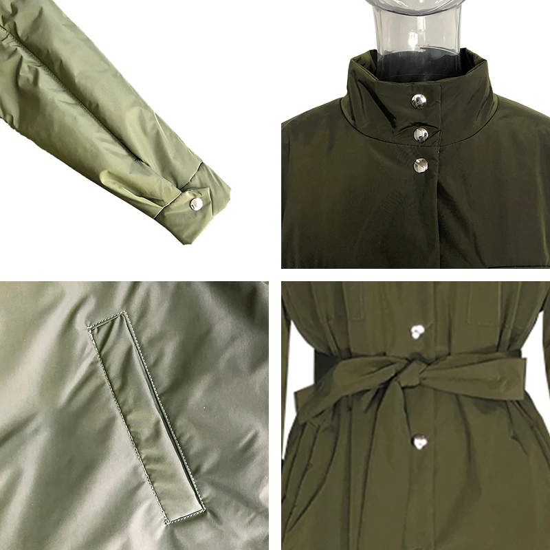 

CP Front Pockets Parkas Women Vogue Simple Stand Collar Coat Women Elegant Spring Tie Belt Long Cotton Jackets Female Ladies