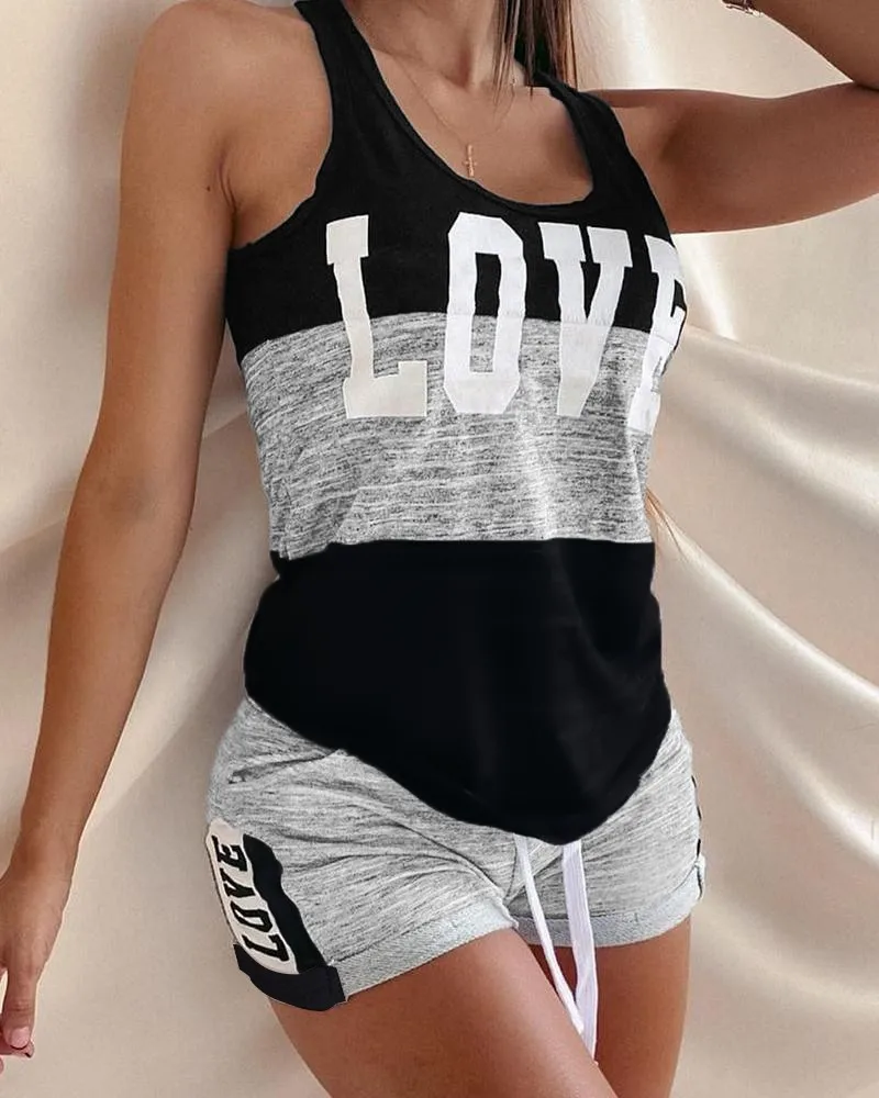 

2021 Summer Women Short Sets Letter Tank Top Striped Print Vest + Drawstring Shorts Tracksuit Sports Suits Casual Women Set