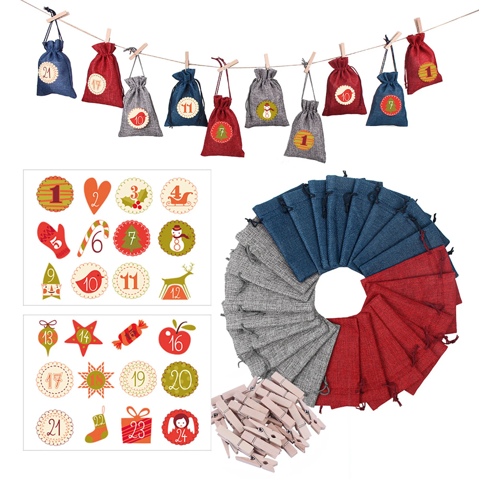 24 шт. Рождество приход календарные наклейки подвесной для конфет сумка Прочный