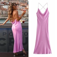 pink backless sexy dress za 2021 women swing collar bandage spaghetti strap party club midi satin dresses robe sukienka letnia