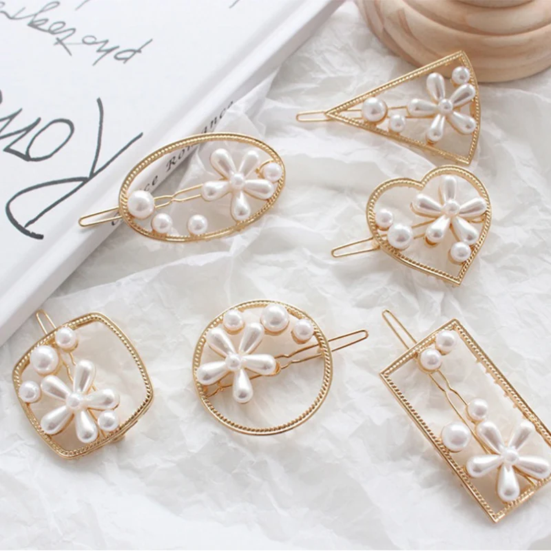 

Pearl Daisy flower Hair Clip For Women Girls Geometric Snap Hair Barrette Stick Hairpin Hair Styling Accessories lady Hair Grips