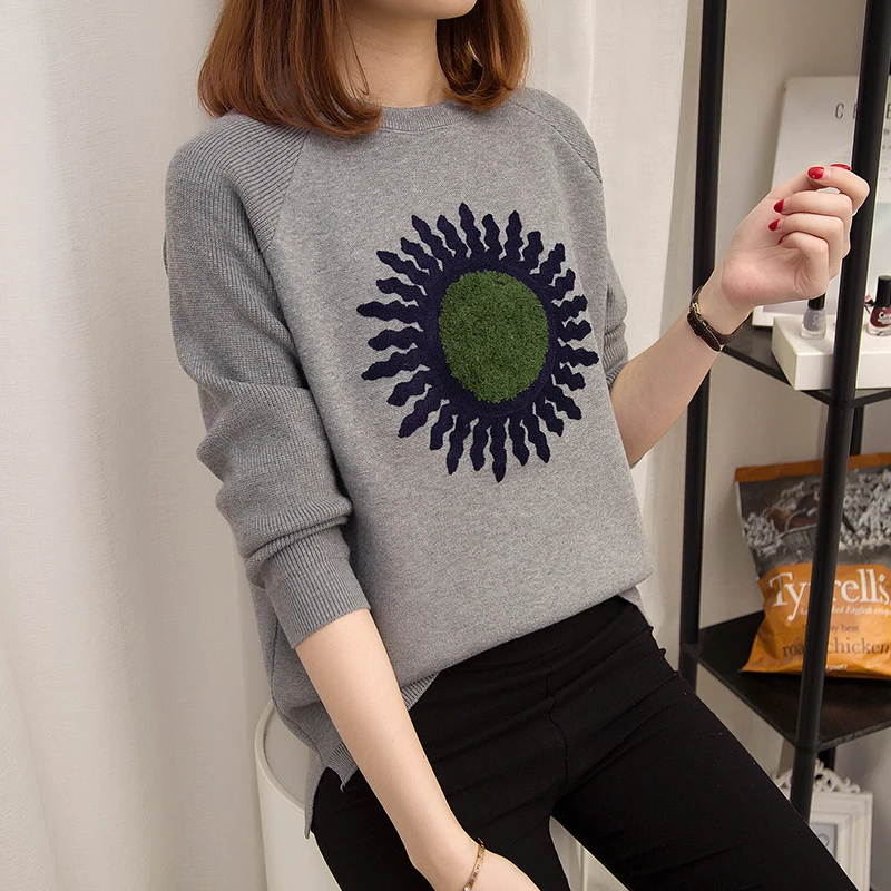 Large Size XL-4XL Flower Embroidery Pullover Sweater Women's 2019 New Autumn Winter Long Sleeve Round Neck Ladies Loose Sweaters | Женская