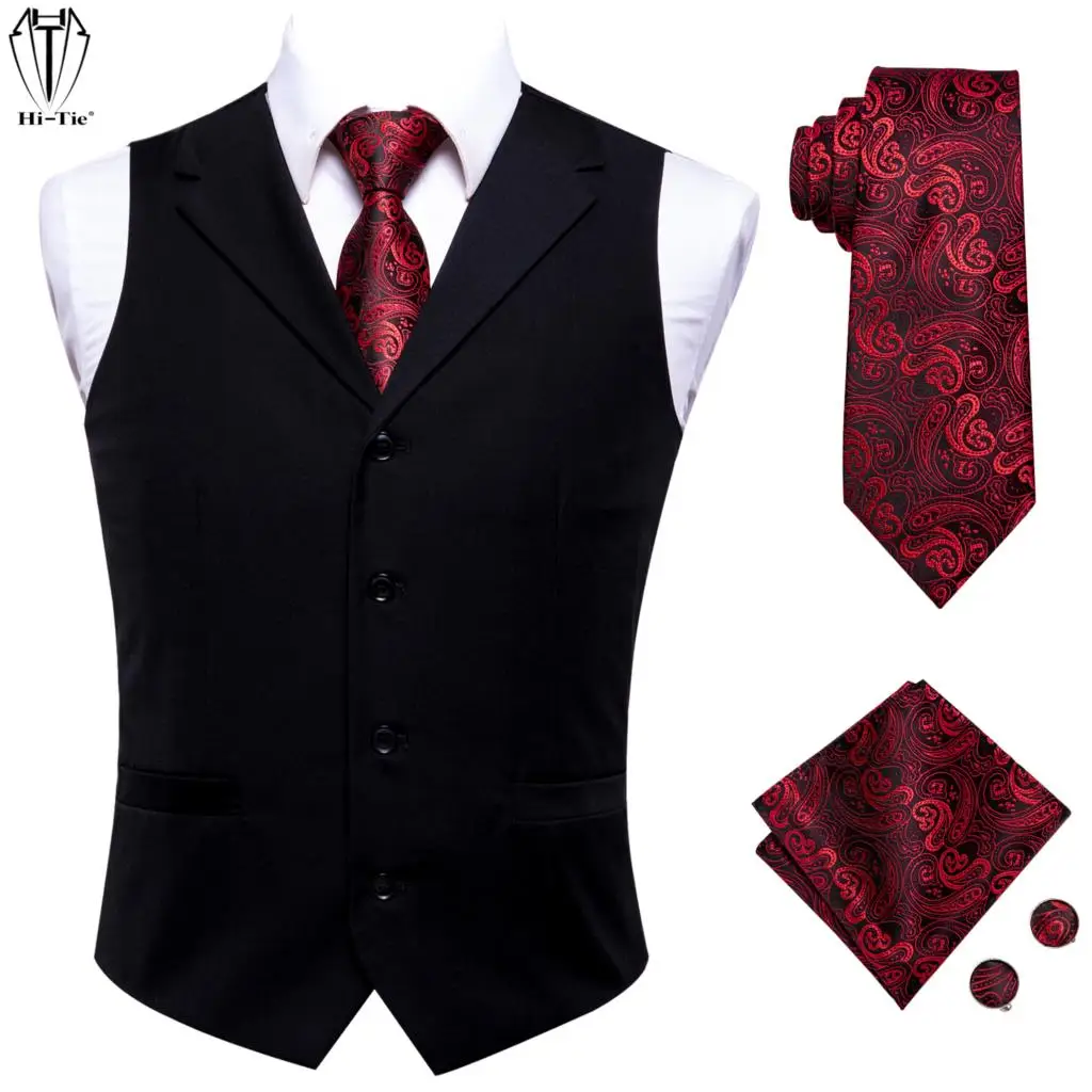 Hi-Tie Luxury Silk Mens Suit Vests Black Plain Jacquard Waistcoat Men Vest Gold Red Purple Tie Hanky Cufflinks Set for Male Gift
