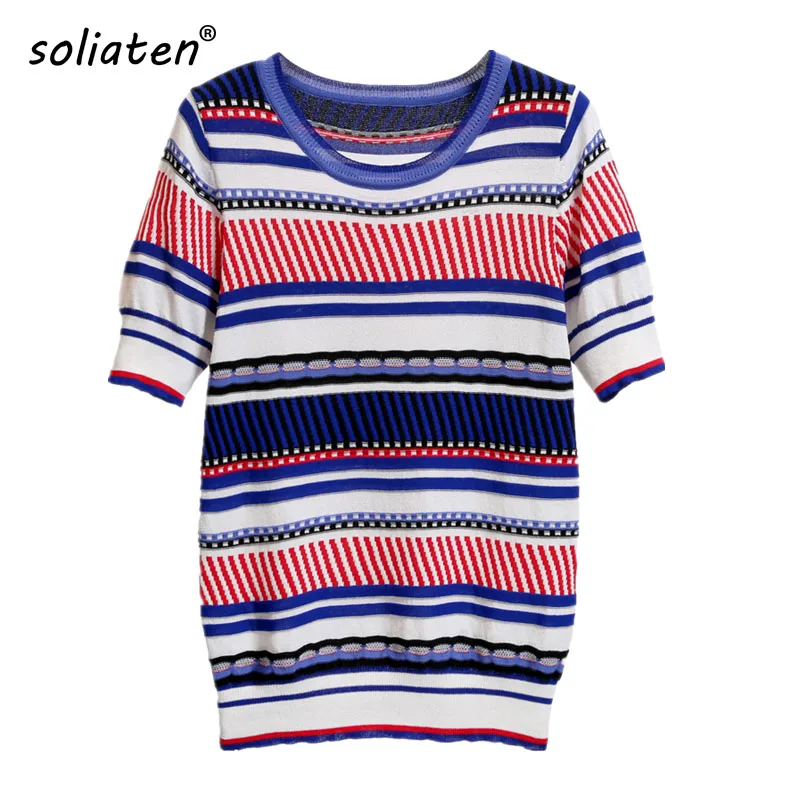 

Женская трикотажная футболка в полоску, с круглым вырезом и коротким рукавом, летний пуловер, 2021, B-120