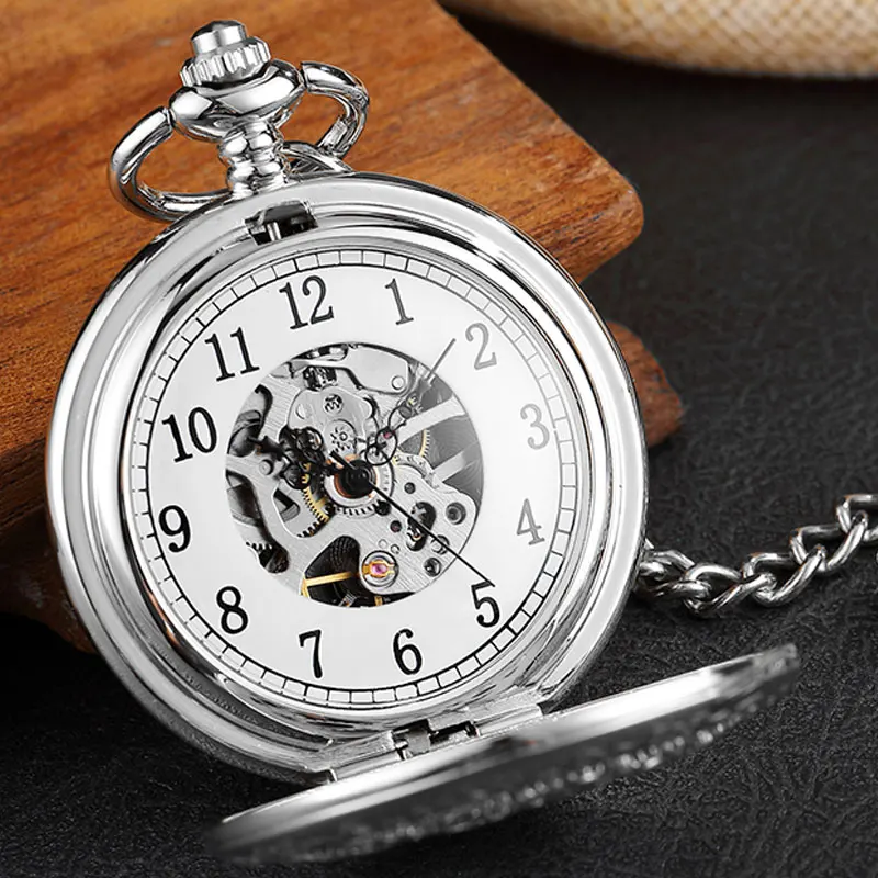 Vintage Silver Hand Wind Mechanical Pocket Watch Men Hollow Gear Double-sided Steampunk Skeleton Fob Watch Necklace With Chain