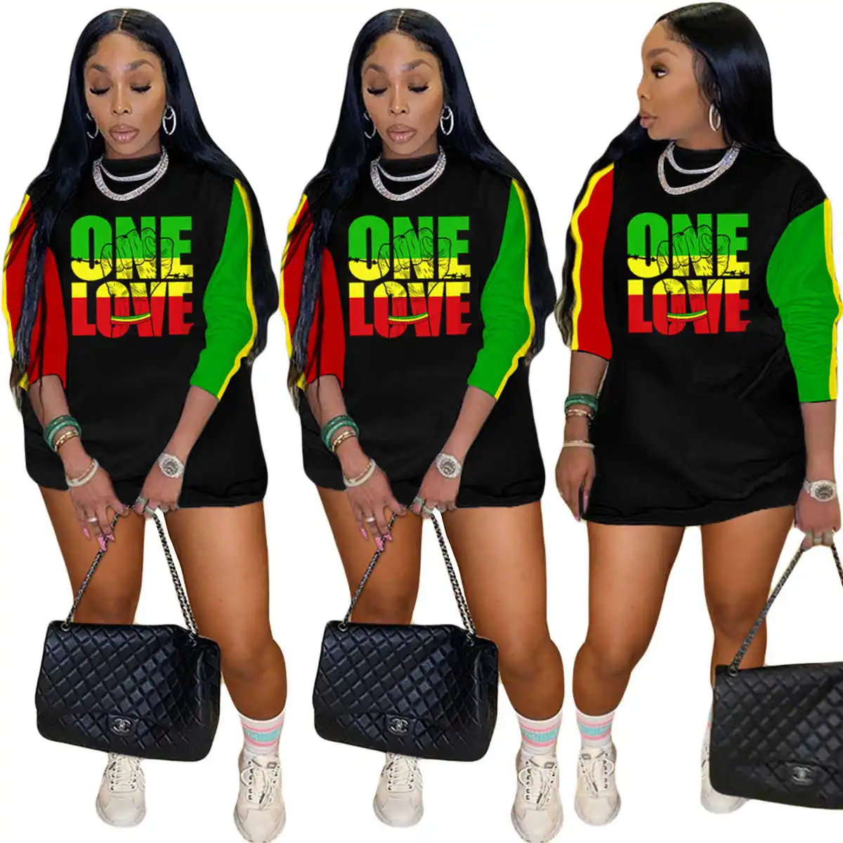 

Patchwork One Love Letter O-neck Long Sleeve Slim Mini Dress