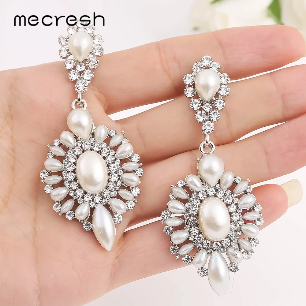 

Mecresh Fashion Simulated Pearl Women Drop Dangle Earrings Silver Color Crystal Teardrop Bridal Wedding Party Earrings MEH1709