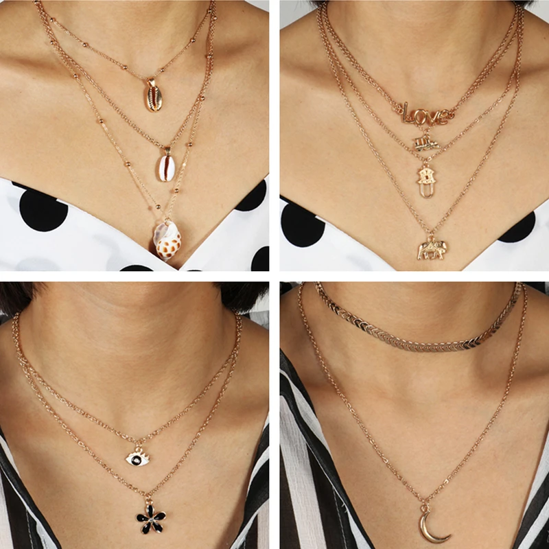 Простое стильное многослойное ювелирное изделие на цепочке до ключиц звёзды