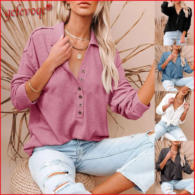 

Button Up Turndown Collar Ribbed T Shirt Women Fall Clothing 2021 Casual Long Sleeve Loose Solid Plus Size Tees Tunic Tops Mujer