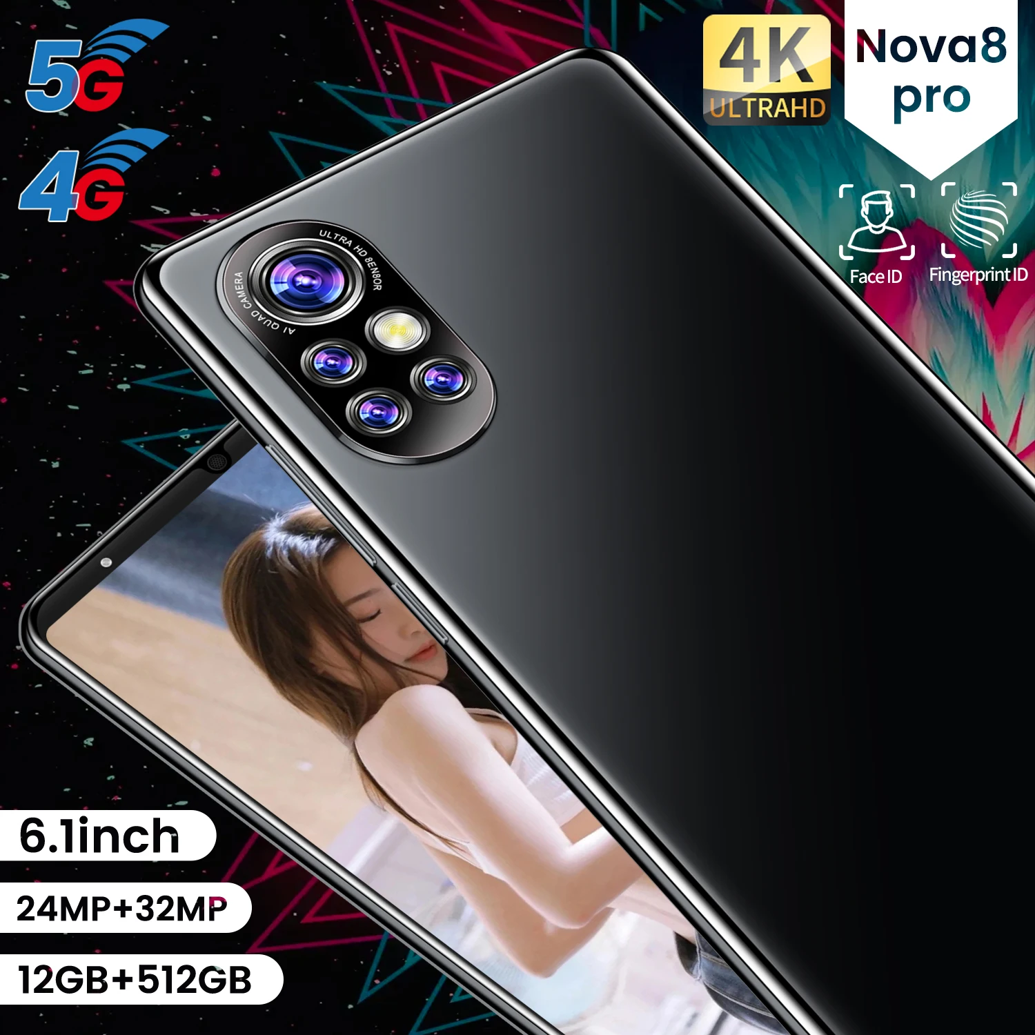 

New Version Nova8 Pro 5G 6.1 Inch Smartphone 5200mAh 24MP+32MP 12GB+512GB Unlock Mobile Phones Global Version Cellphones