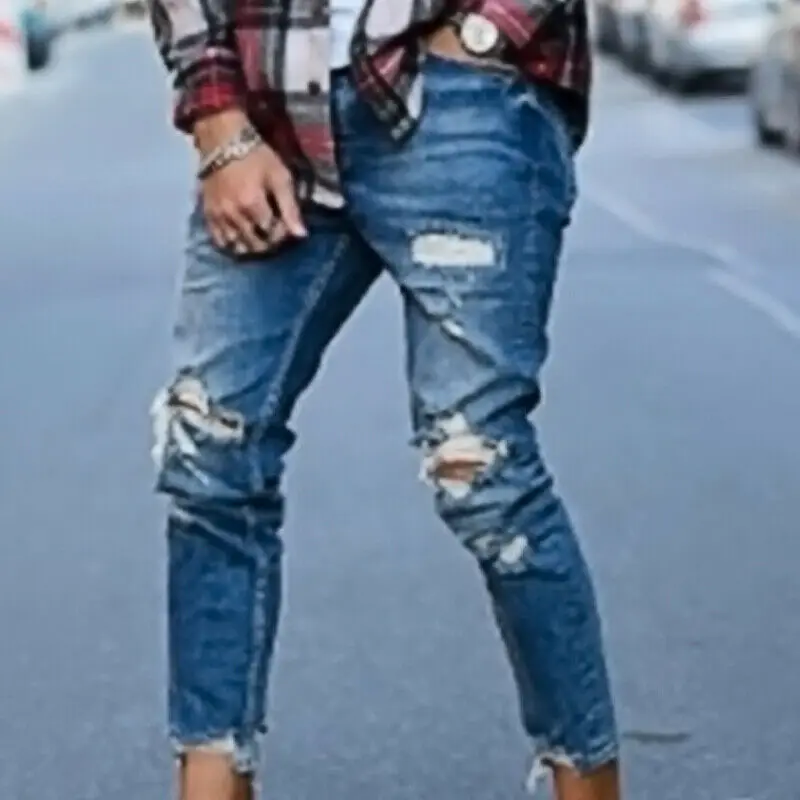

Men's Skinny Slim Fit Ripped Hole Jeans Stretch Denim Destroyed Pants Trousers