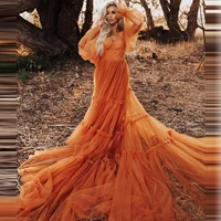 orange tulle evening dresses long dress square neck see through long sleeve wedding dress with train women dress for prom photo