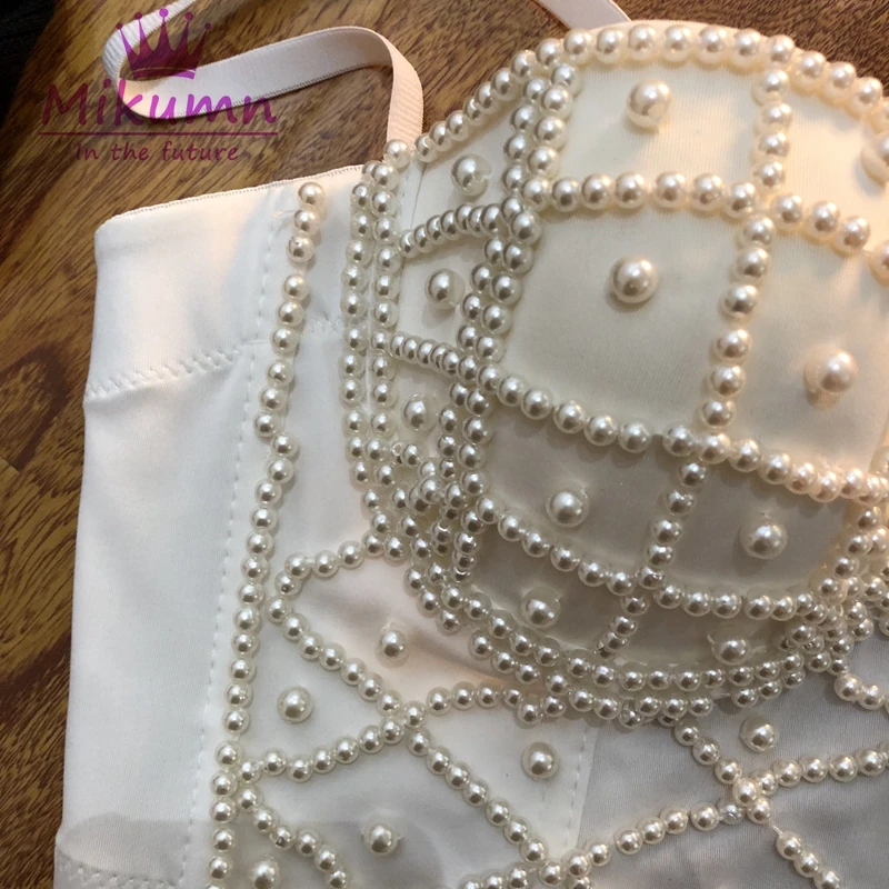 Черный белый жемчуг Bralet Corselet женский ночной клуб вечерние бюстье бюстгальтер обрезанный Топ Плюс Размер Camis Mujer